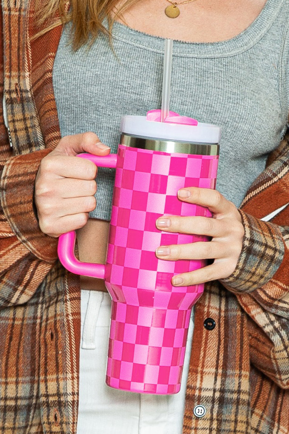 Bright Pink Checkered Print Tumbler Cup