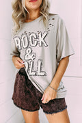 Gray Rock & Roll Graphic Distressed Tee