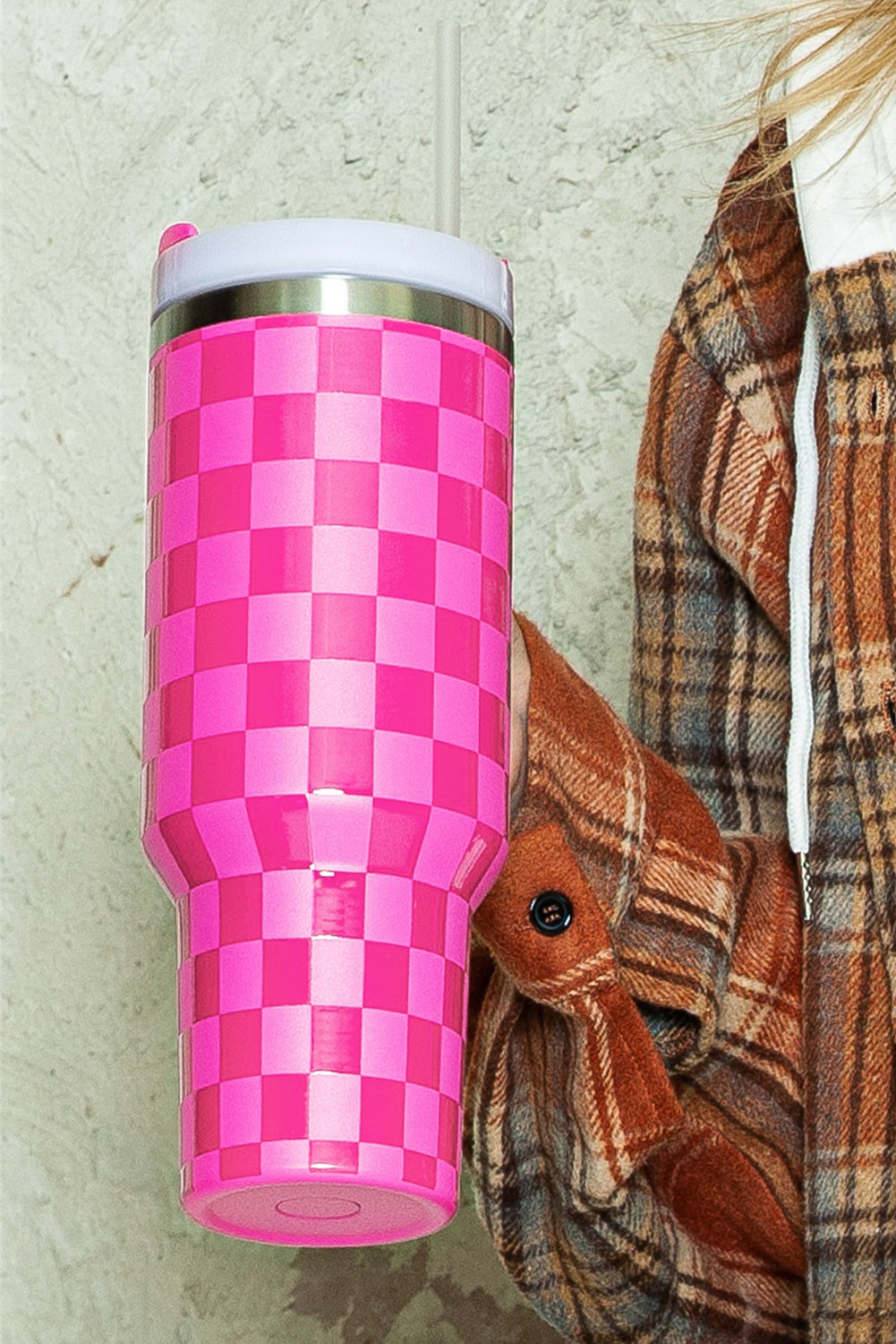 Bright Pink Checkered Print Tumbler Cup