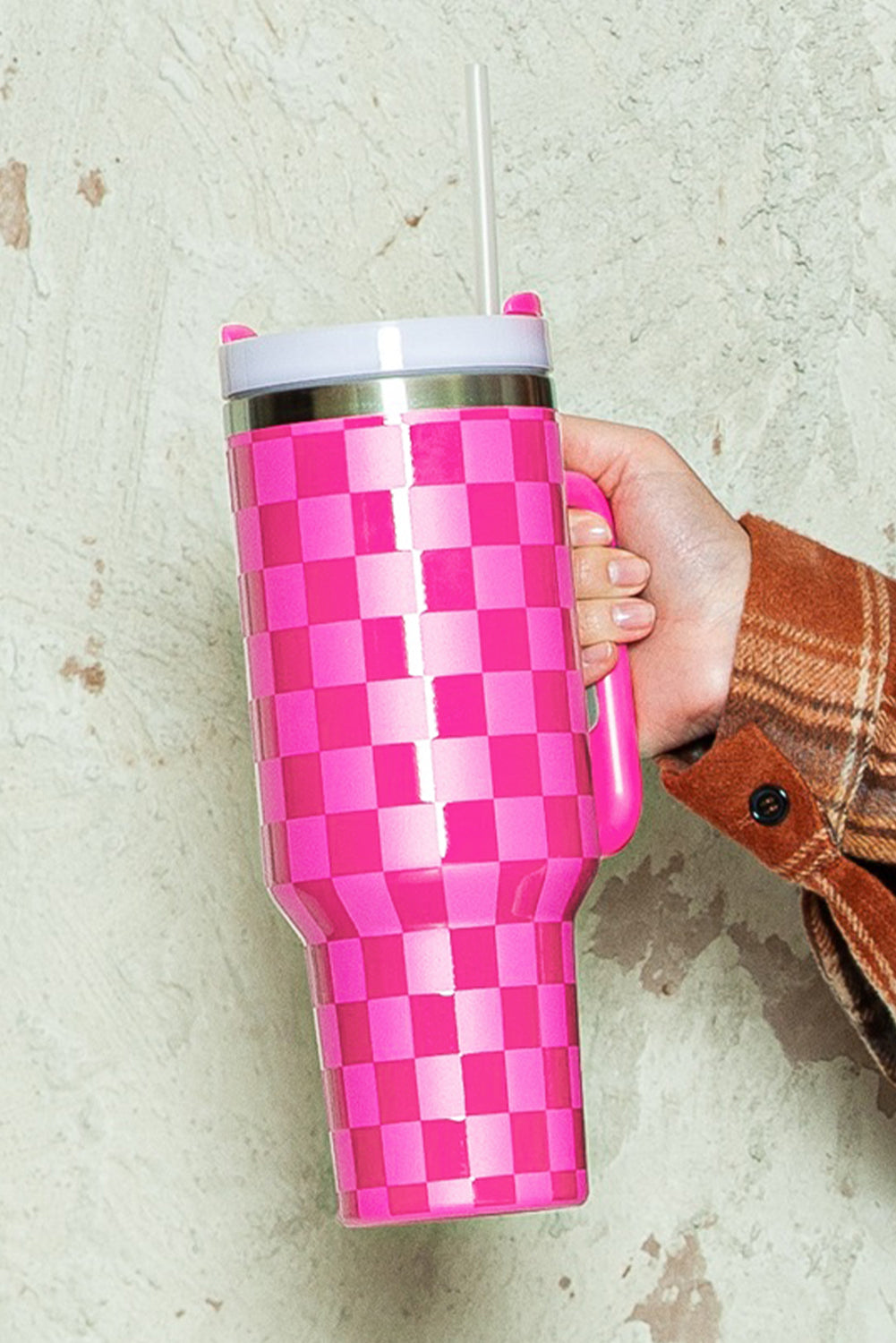 Bright Pink Checkered Print Tumbler Cup