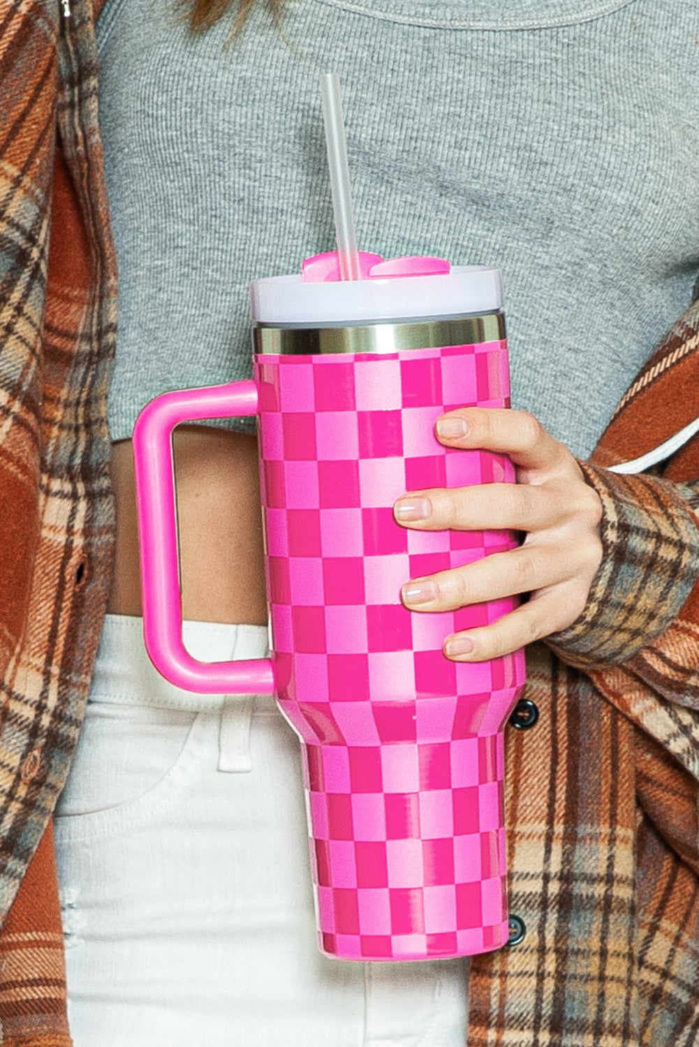 Bright Pink Checkered Print Tumbler Cup