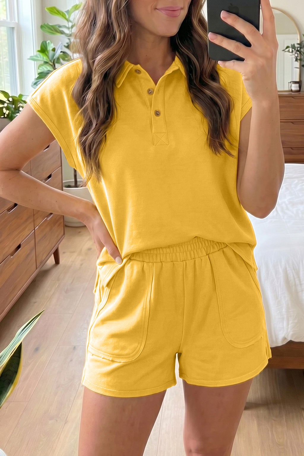 Racing Red Loose Polo Tee Elastic Waist 2pcs Short Set