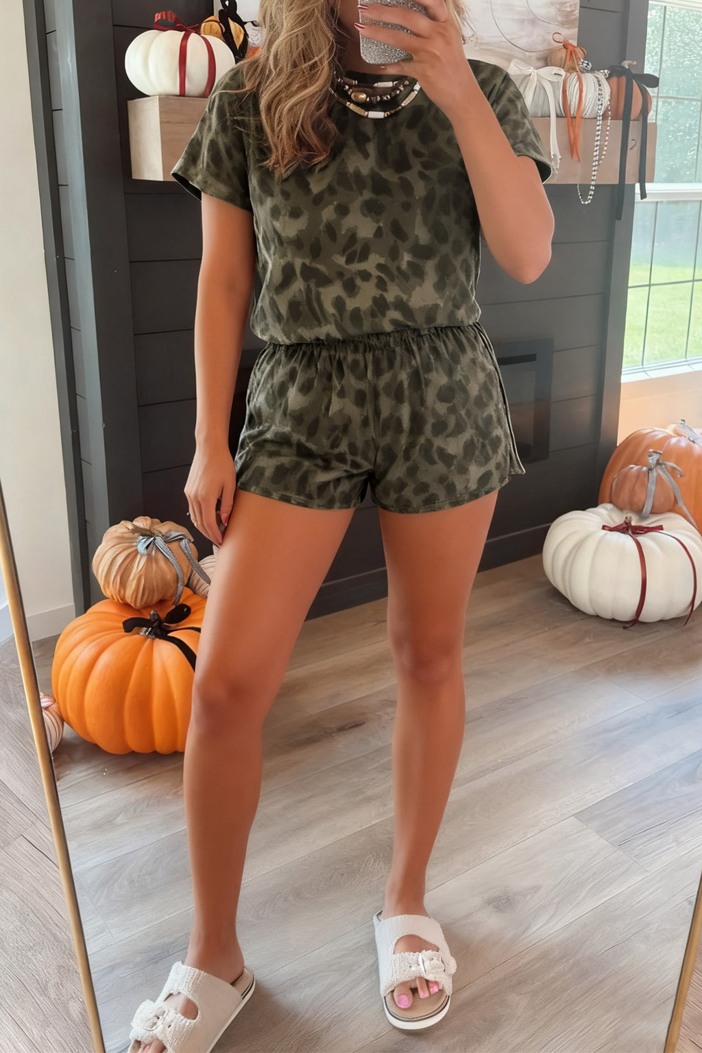 Leopard Print Crew Neck Short Set