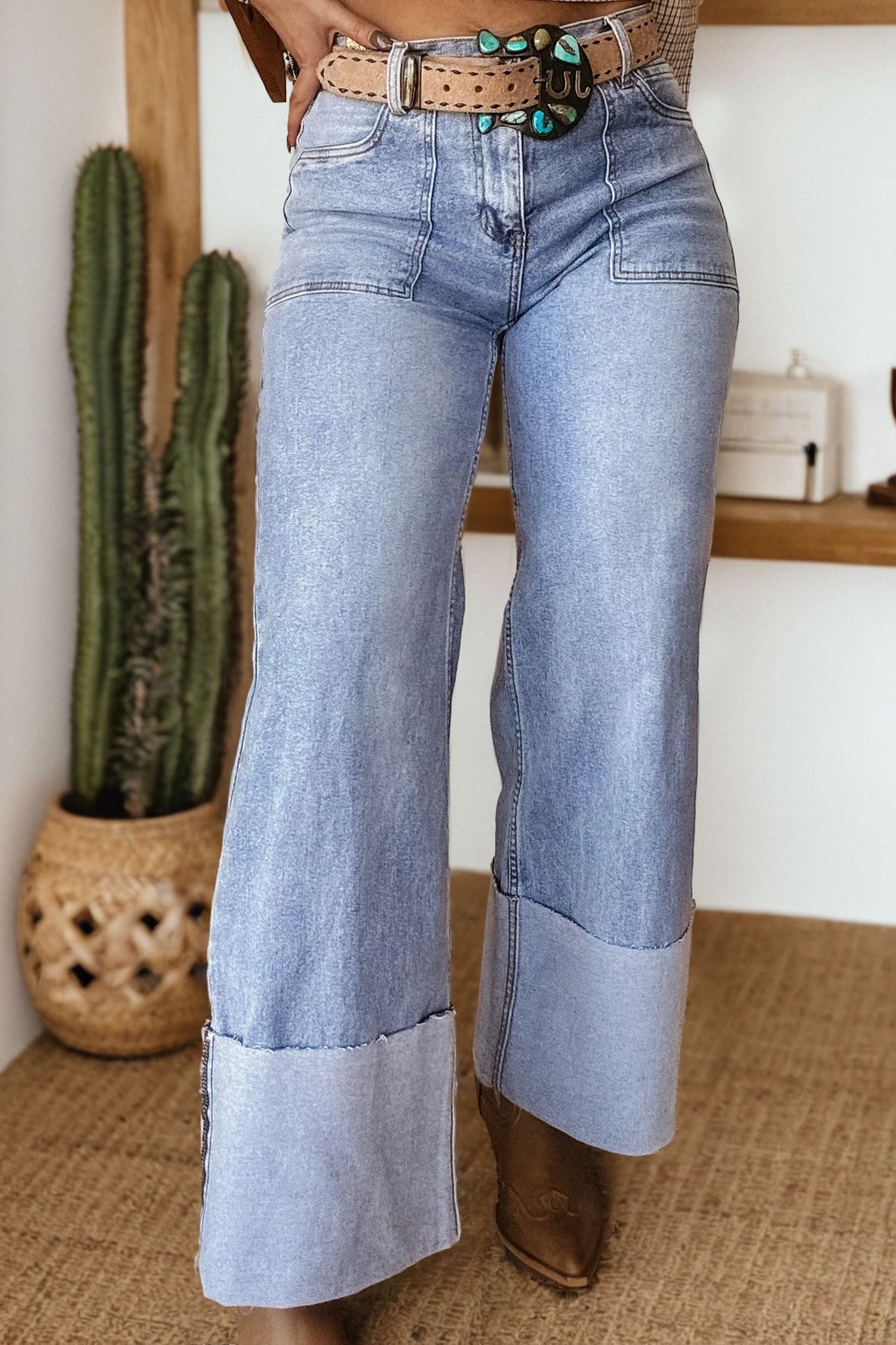 Beau Blue Turn-up Cuffs Loose Jeans