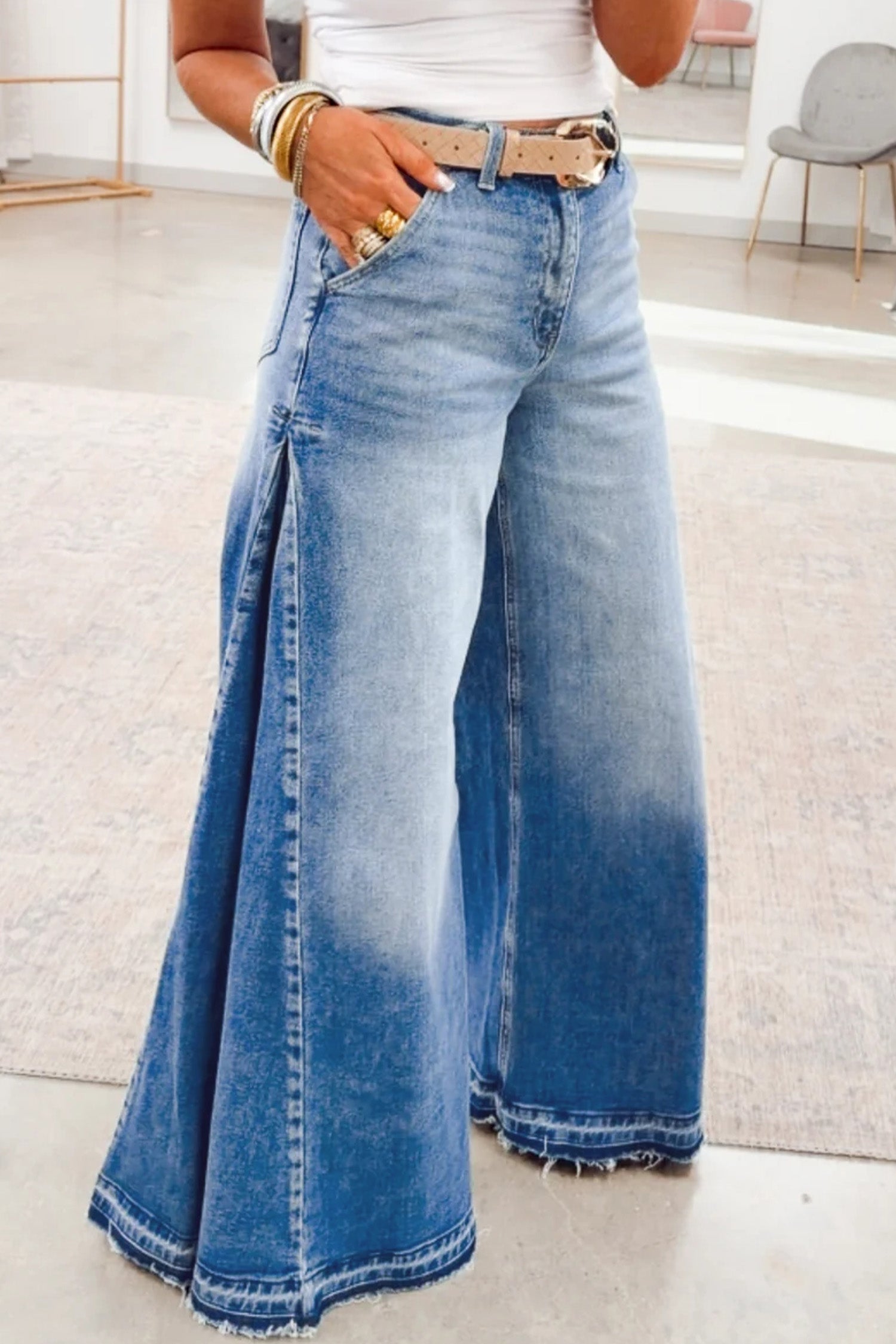 Myosotis Side Seam Gathering Flare Leg Jeans