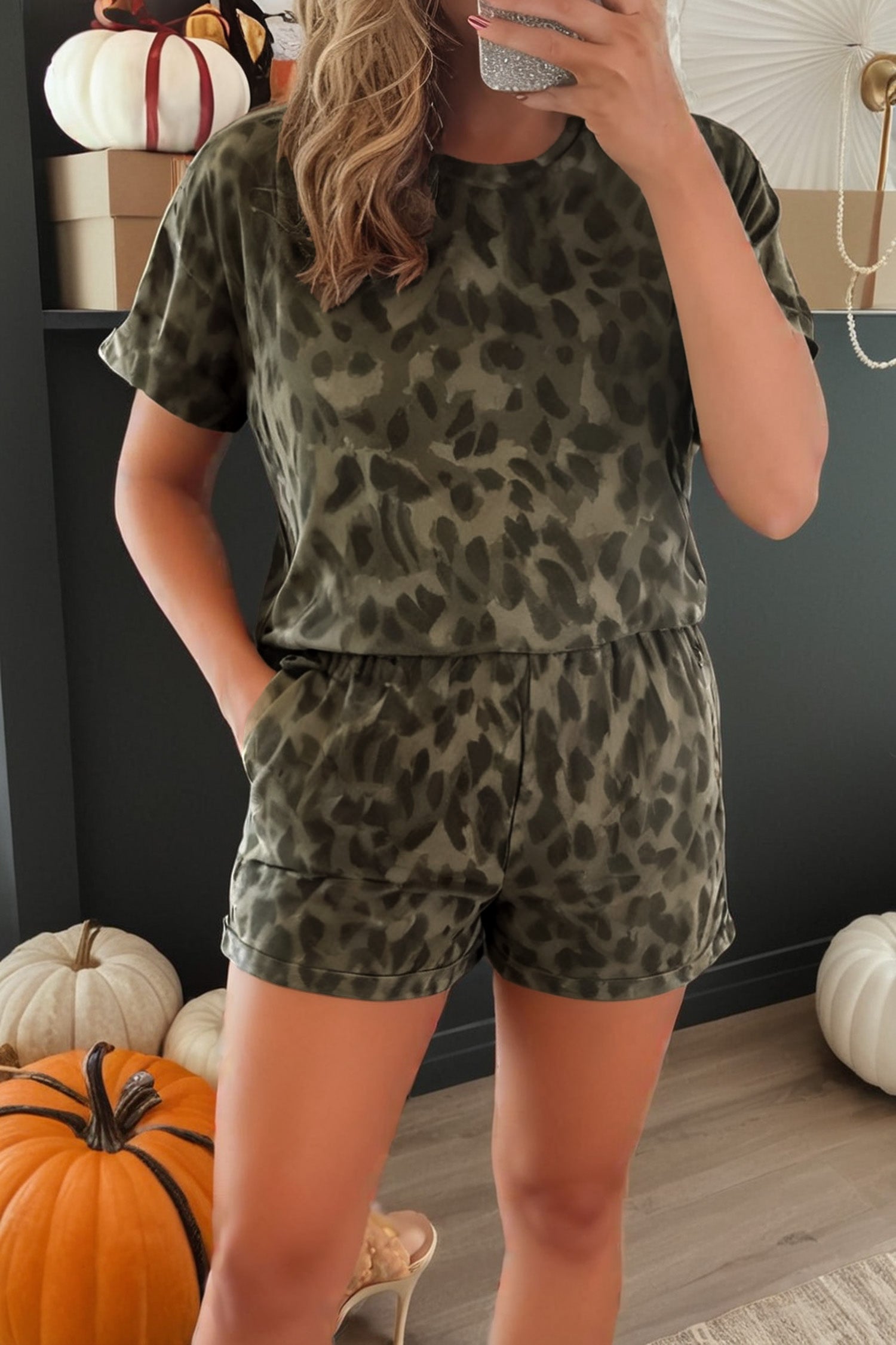 Leopard Print Crew Neck Short Set