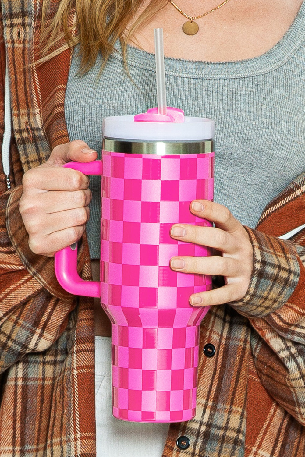 Bright Pink Checkered Print Tumbler Cup