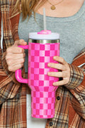 Bright Pink Checkered Print Tumbler Cup