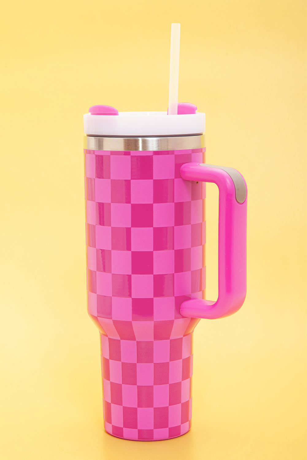 Bright Pink Checkered Print Tumbler Cup