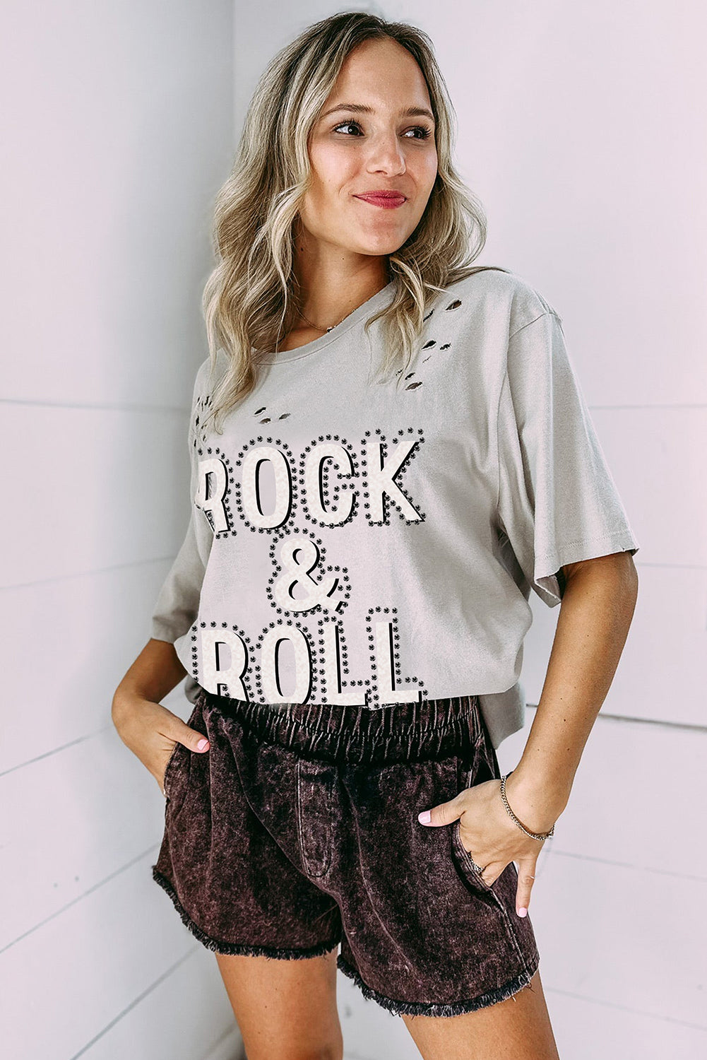 Gray Rock & Roll Graphic Distressed Tee