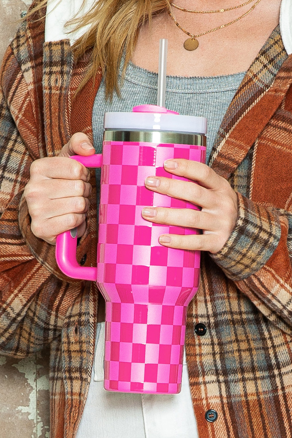 Bright Pink Checkered Print Tumbler Cup