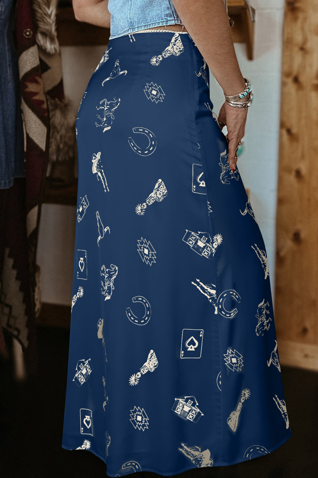 Western Print Satin Long Skirt