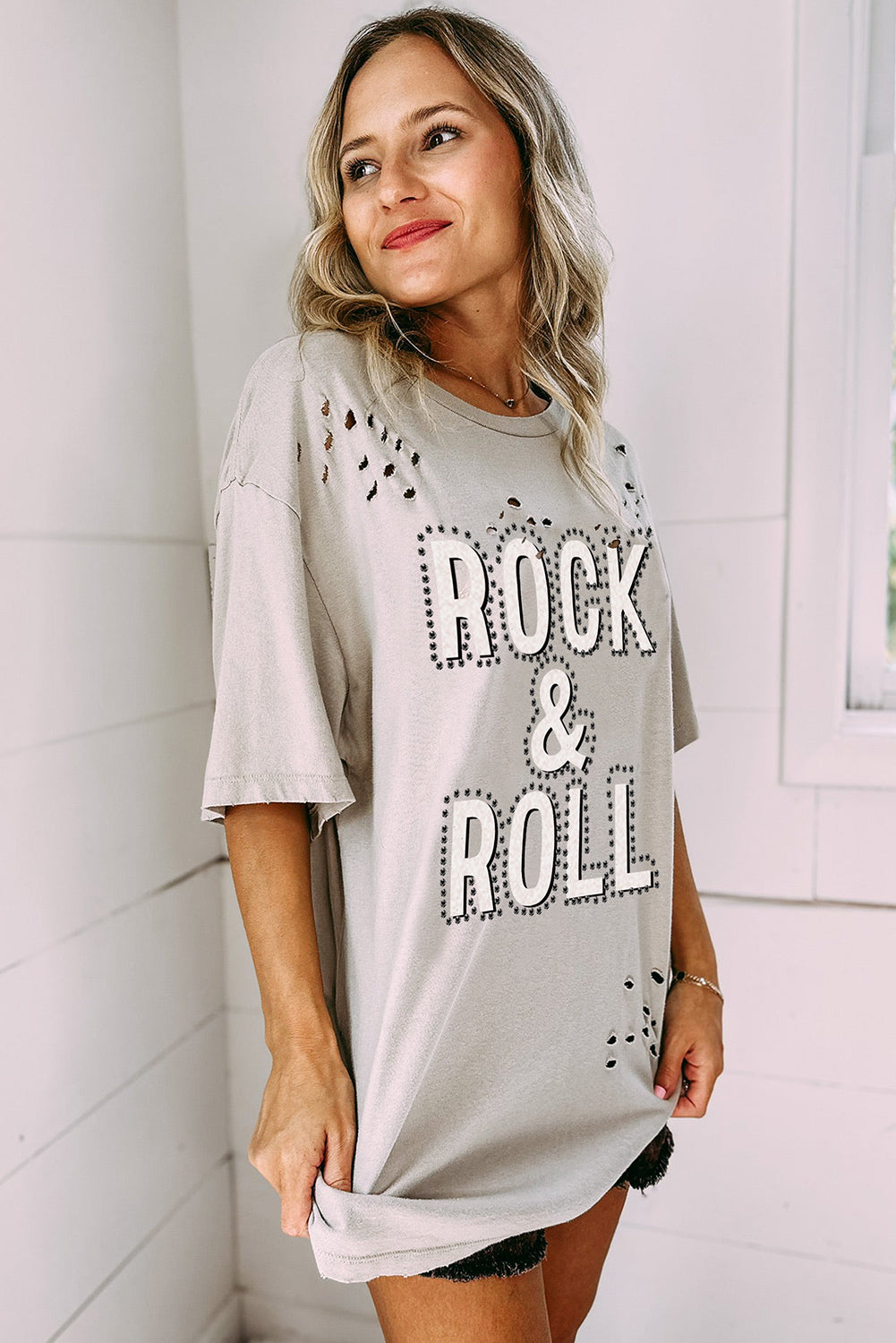 Gray Rock & Roll Graphic Distressed Tee