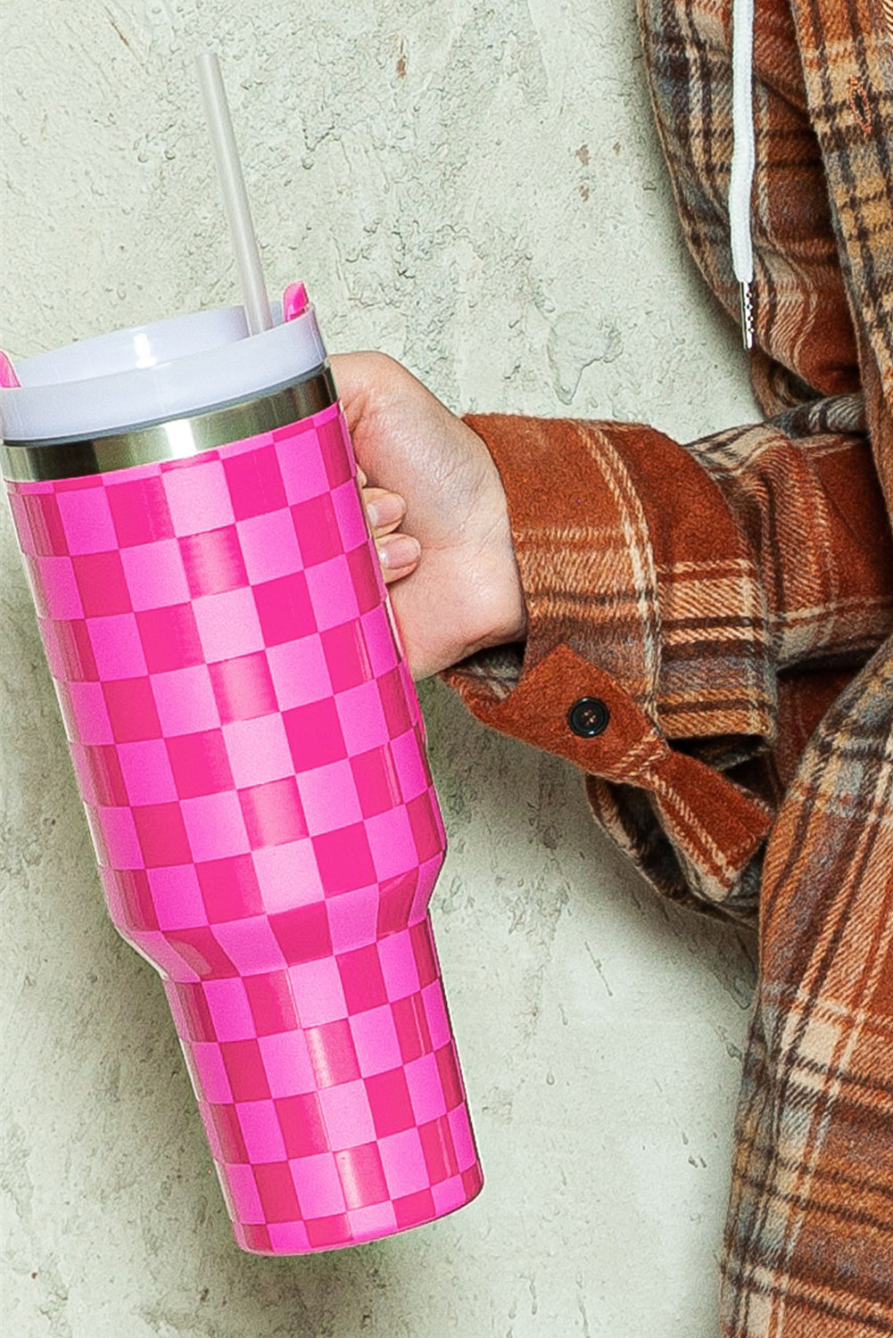 Bright Pink Checkered Print Tumbler Cup